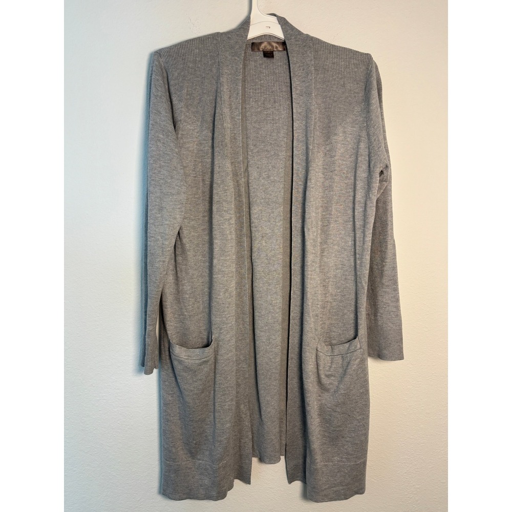 Exandra Gray Open Front Longline Cardigan Sweater Womens Medium Ribbed Knit